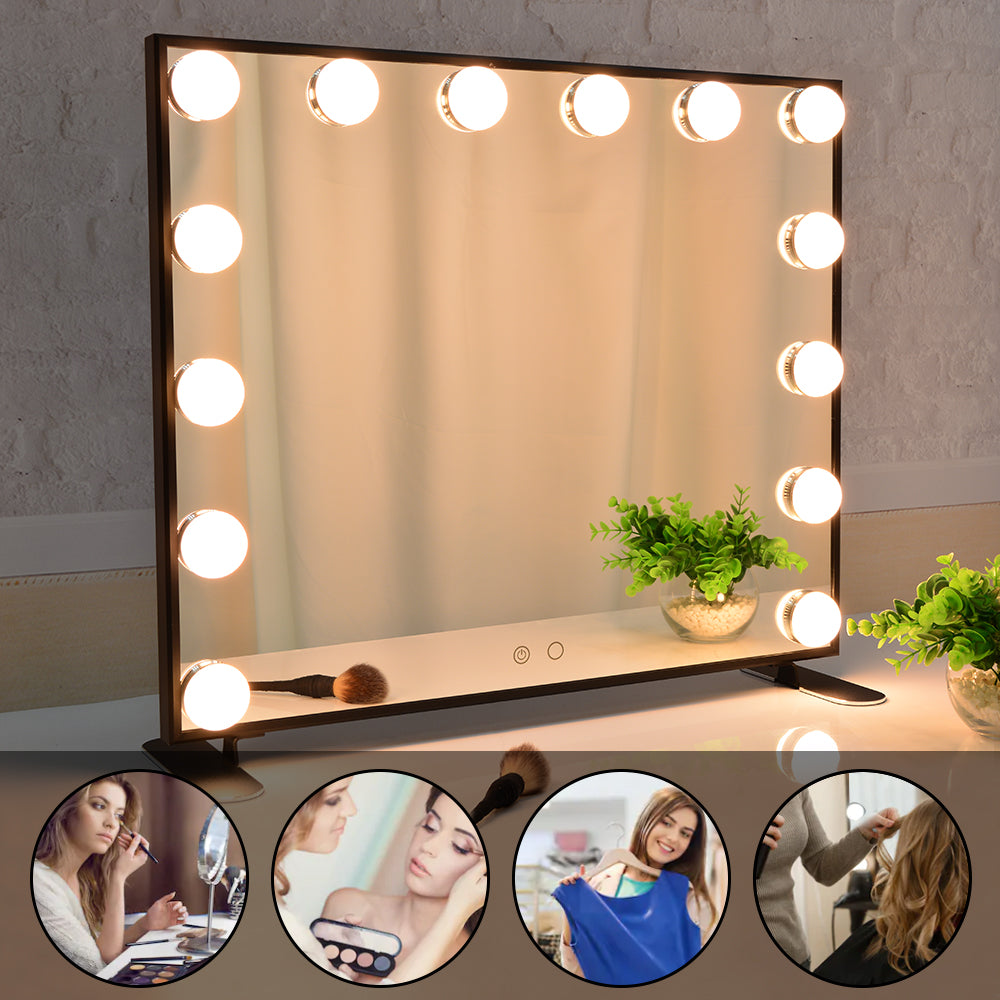 Vanity Mirror with Lights,Big Make Up Mirror with 14 Dimmer Bulbs,Bedroom Black Mirror Tabletop or Wall Mounted Hollywood Style Smart Mirror