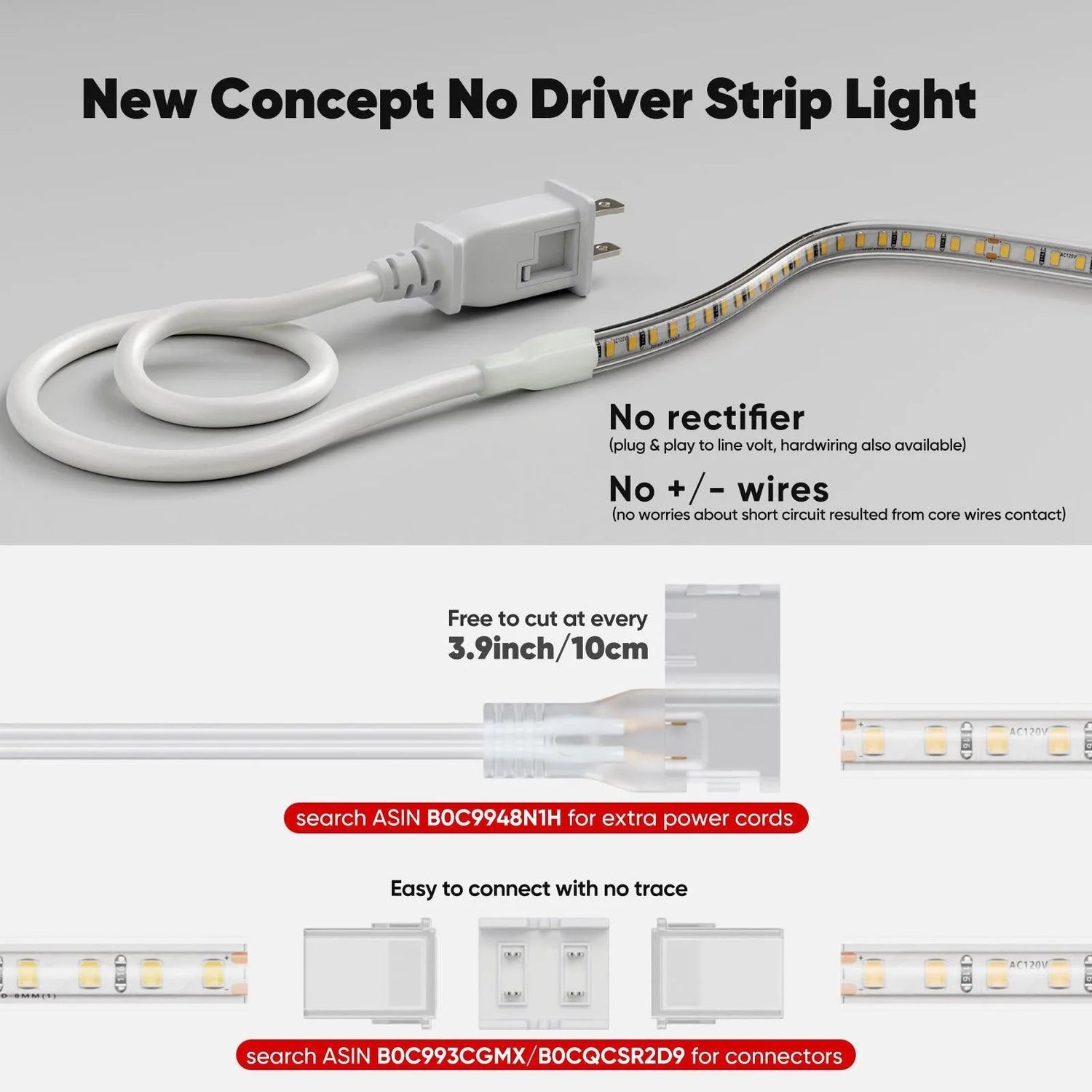 110V COB Led Strip Light Adhesive LED Tape Light 6000K Cool White