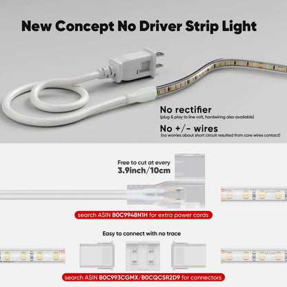 110V COB Led Strip Light Adhesive LED Tape Light 6000K Cool White