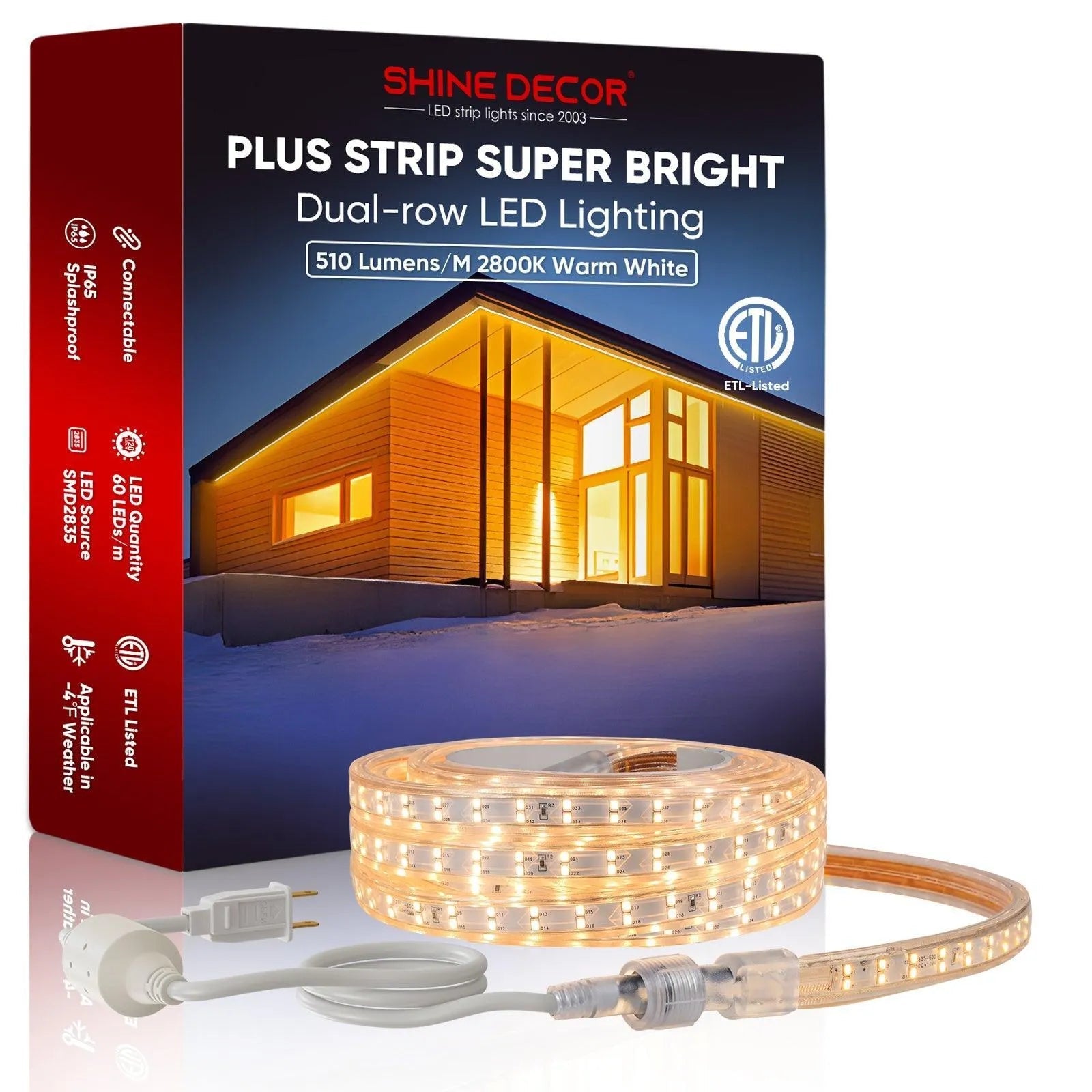 110V Super Bright Double Row Plus LED Strip 2800K Warm White 510Lumens/M