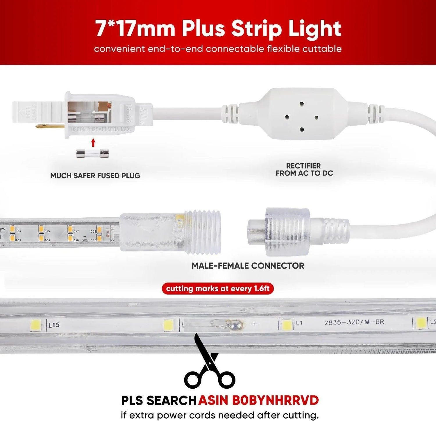 110V Super Bright Double Row Plus LED Strip 6000K Cool White 510Lumens/M