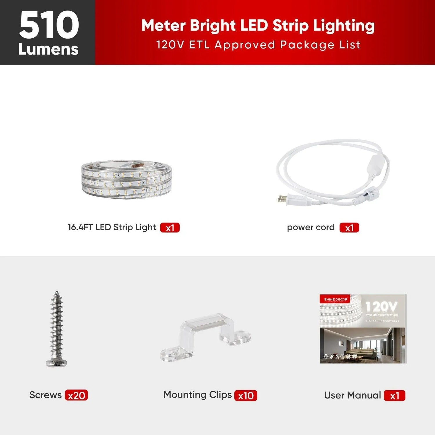 110V Super Bright Double Row Plus LED Strip 6000K Cool White 510Lumens/M