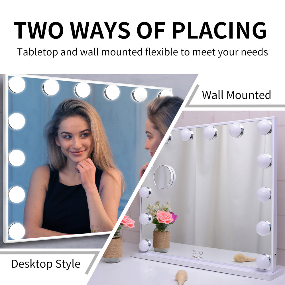 Hollywood Vanity Makeup Mirror Tabletop or Wall Mounted, 14pcs Led Bulbs and Detachable 10X Magnification Mirror