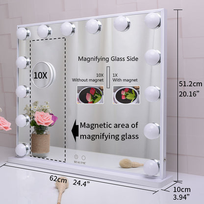 Hollywood Vanity Makeup Mirror Tabletop or Wall Mounted, 14pcs Led Bulbs and Detachable 10X Magnification Mirror