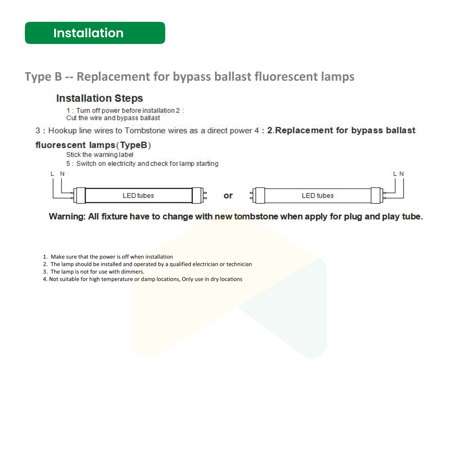 4ft LED Tube Light - 18W - 6000K - 2340 Lumens - AC100-277V - Clear Cover - Bypass Ballast/Type B/Double Ended - (25-Pack)