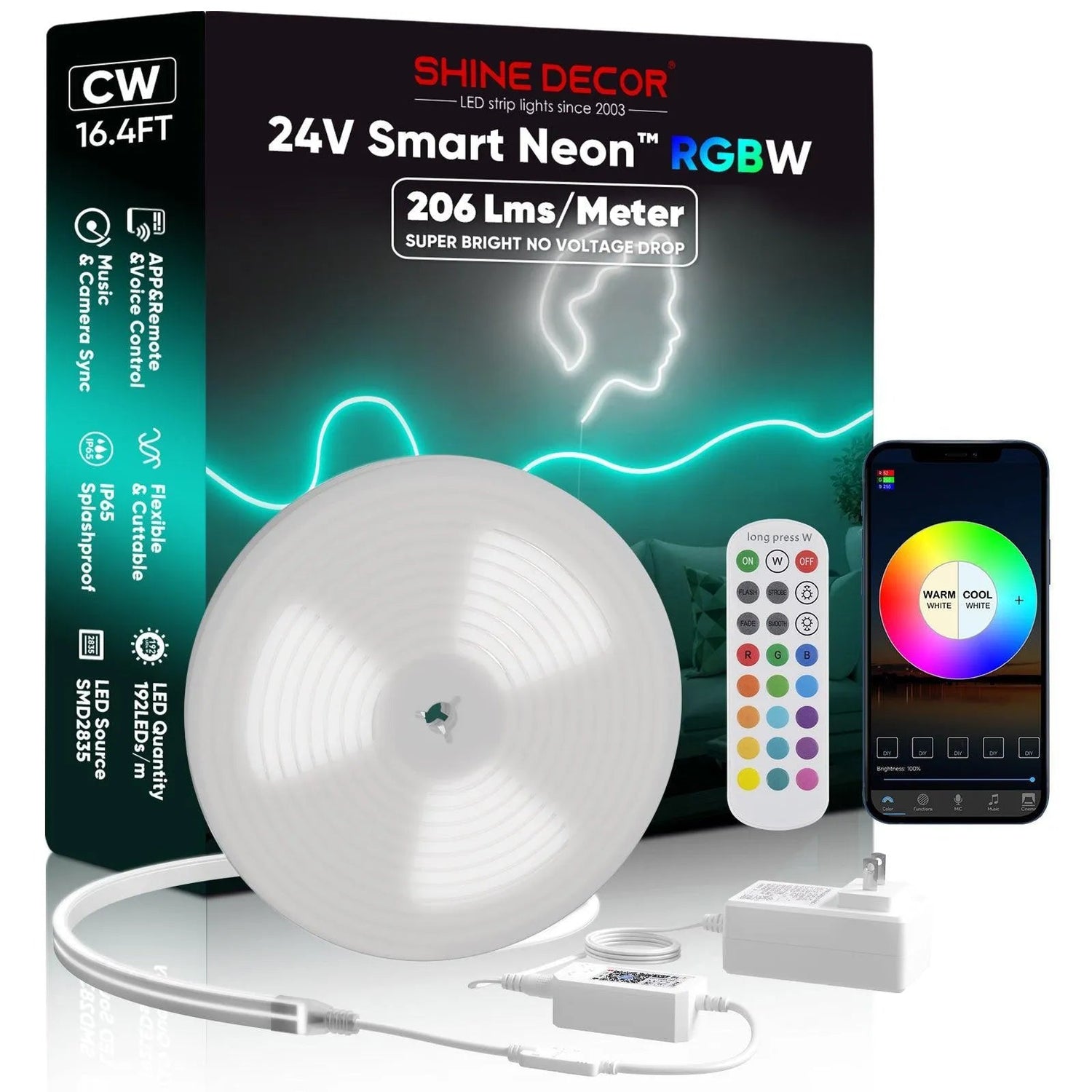 24V Smart RGBW LED Neon Rope Light Hands Free Control 16FT -