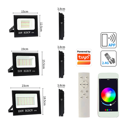 50W RGBCW Flood Light – RGB+CCT – IP66 Outdoor Rated- App Compatible with RF Remote