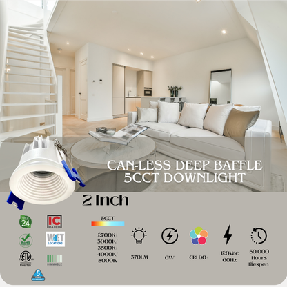 2&quot; Deep Baffle, 6W, Can-less Slim Recessed Downlight with 5CCT, 370LM - White