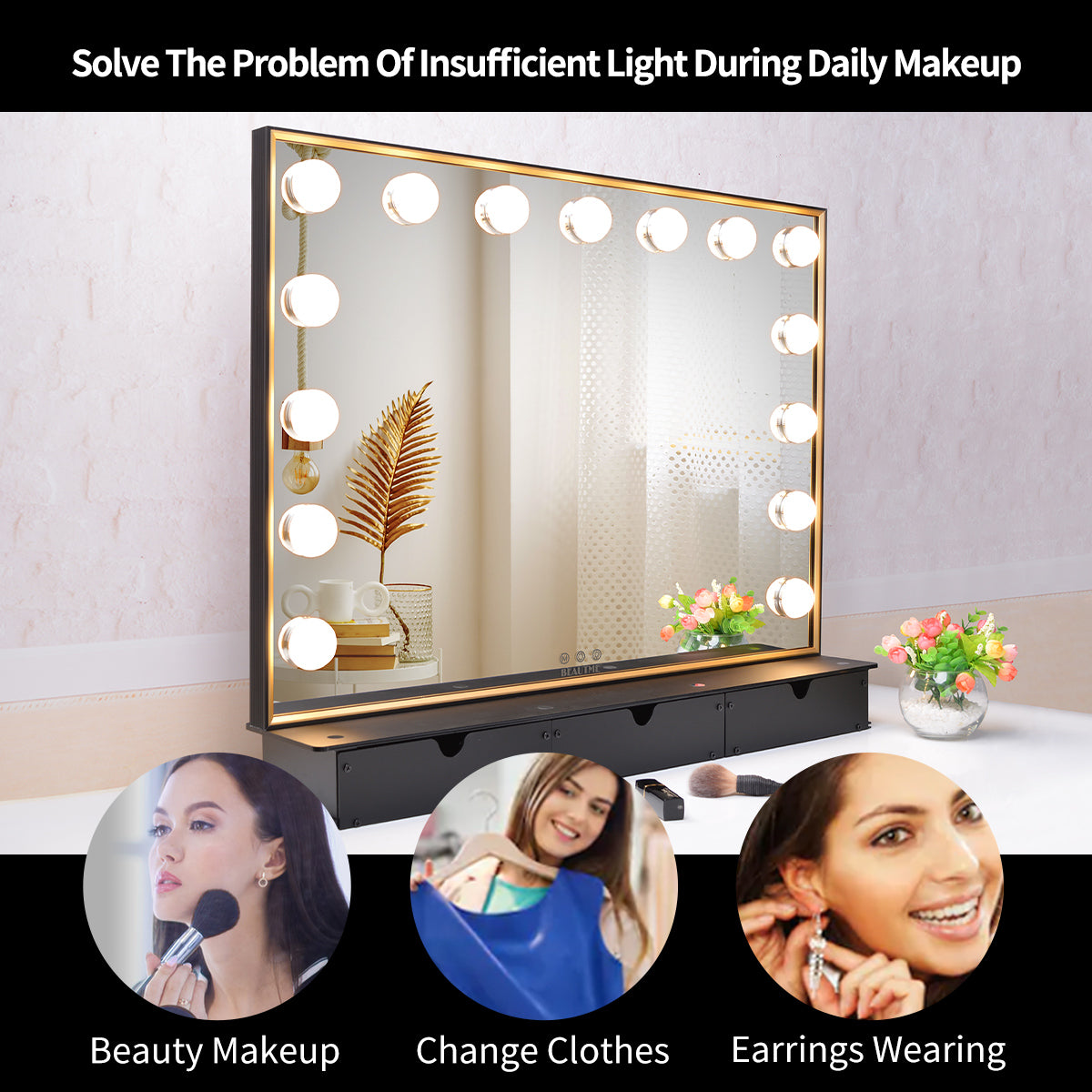 Lighted Vanity Mirror with Storage Box,Tabletop Hollywood Makeup Mirror with 15pcs lights,Detachable 10X Cosmetic Round Mirror