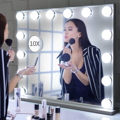 Hollywood Vanity Makeup Mirror Tabletop or Wall Mounted, 14pcs Led Bulbs and Detachable 10X Magnification Mirror