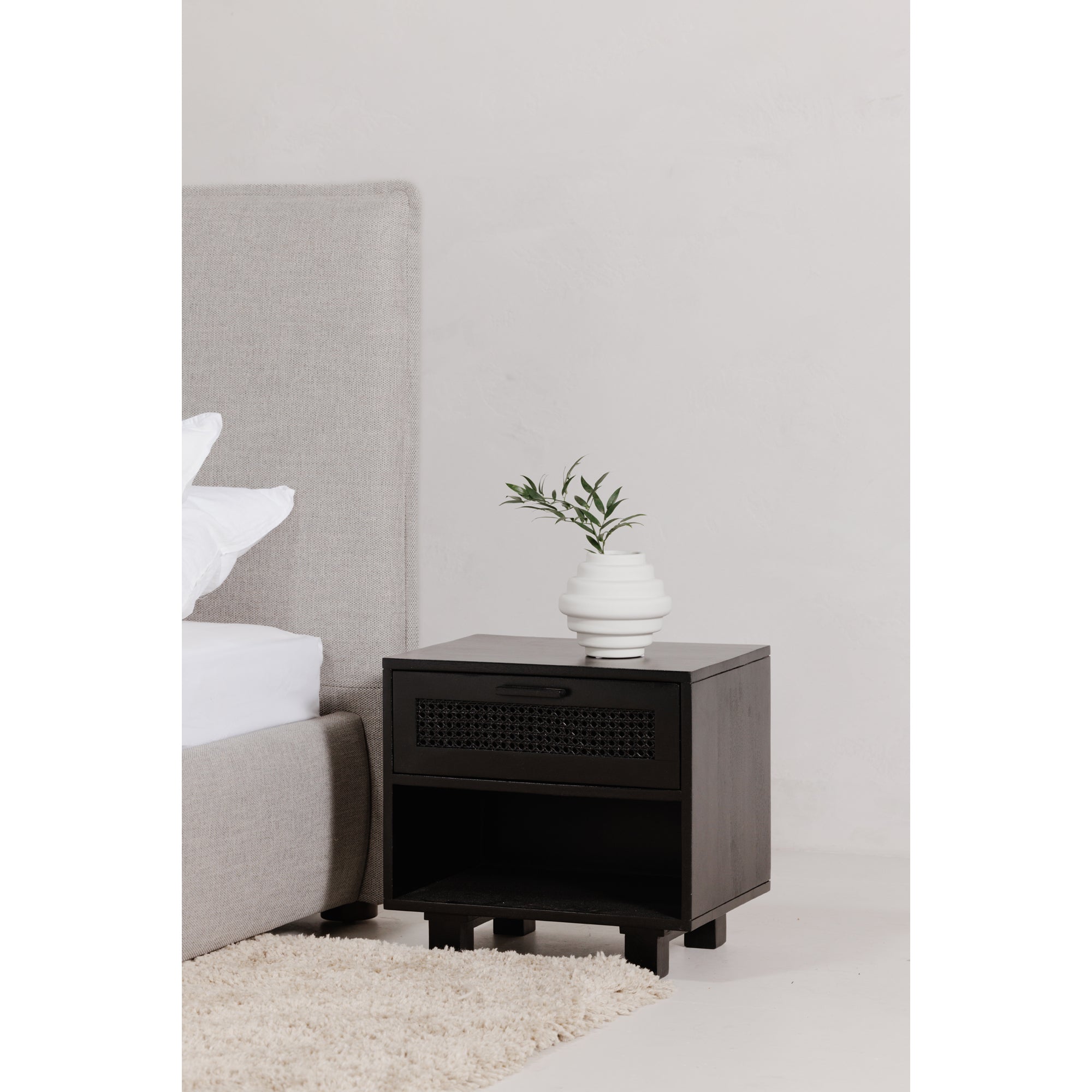 Paolo Nightstand Black Nightstands, Black / Carved Sheesham Wood Doors on MDF