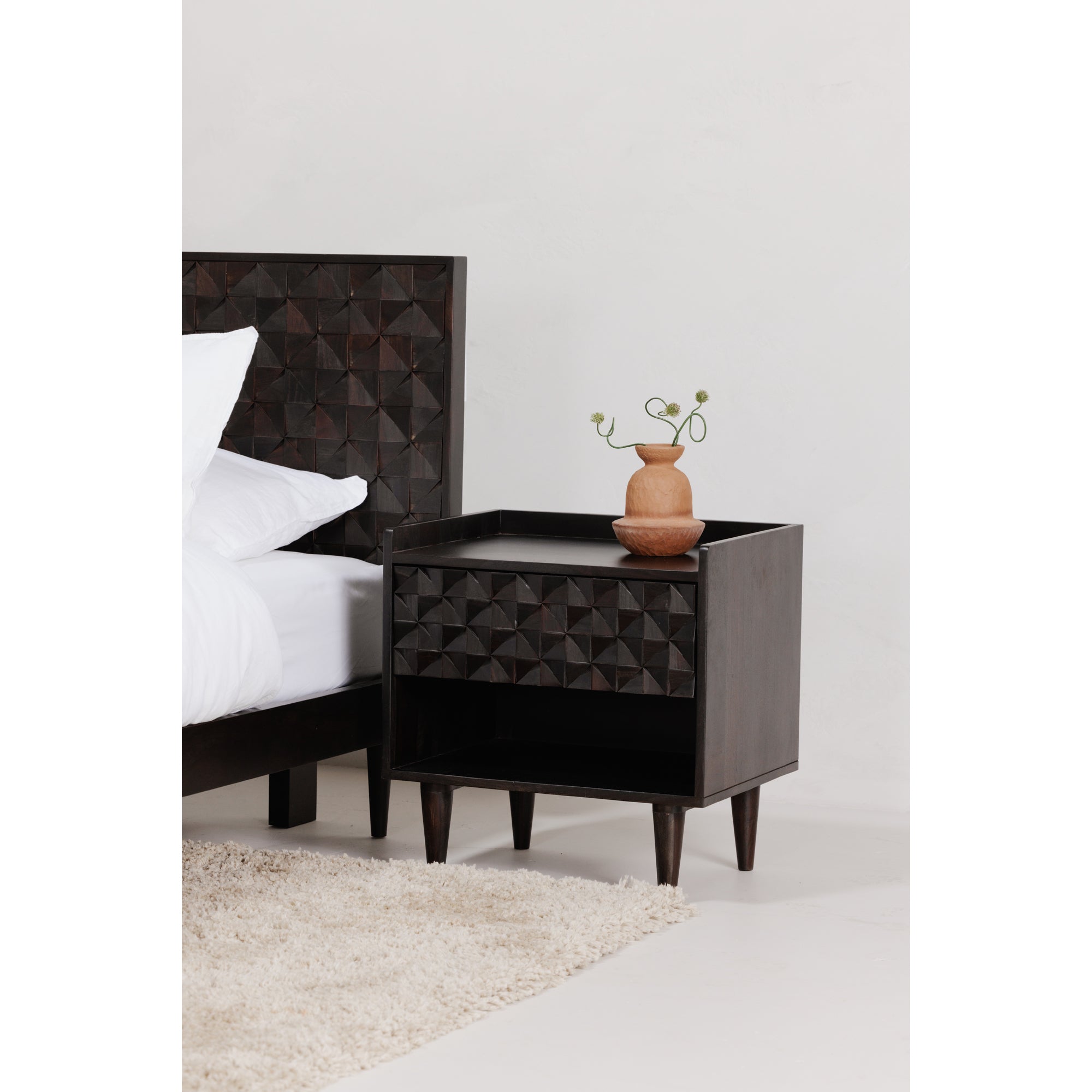 Paolo King Bed Brown Beds, Brown / Carved Sheesham Wood Headboard on MDF