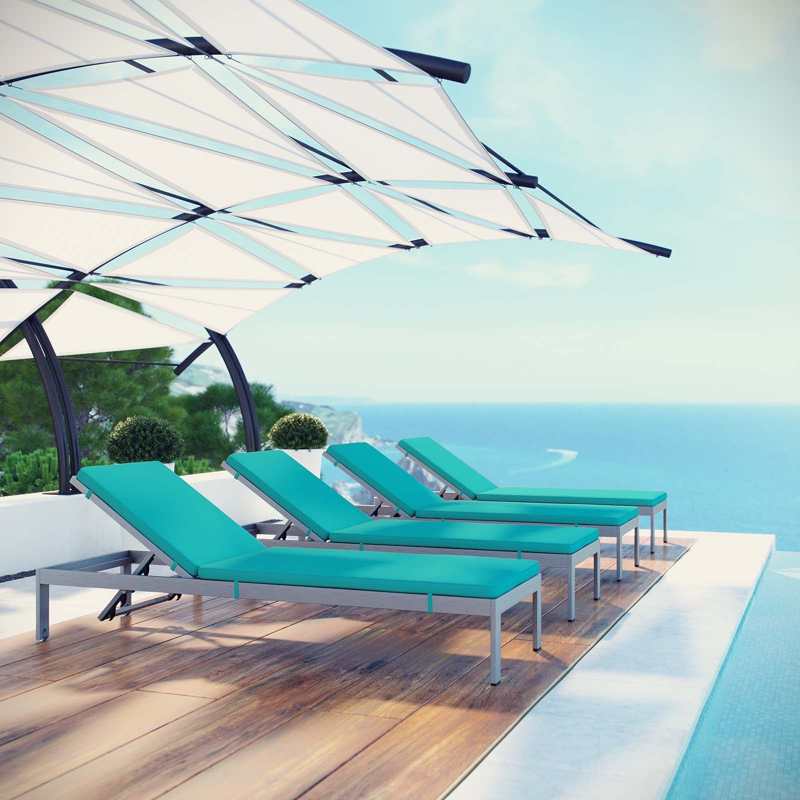 Shore Chaise with Cushions Outdoor Patio Aluminum Set of 4 by Modway