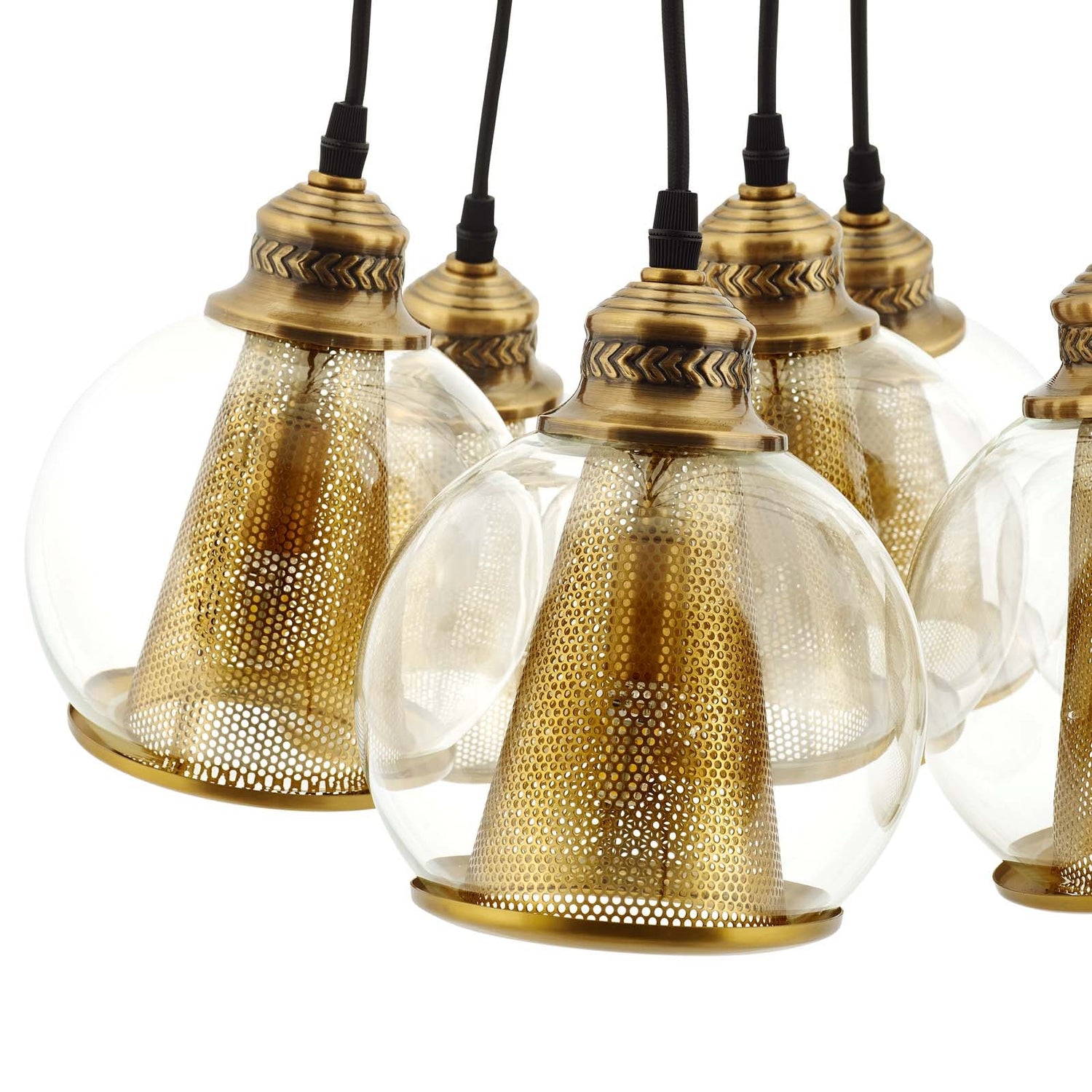 Peak Brass Cone and Glass Globe Cluster Pendant Chandelier By HouseBean