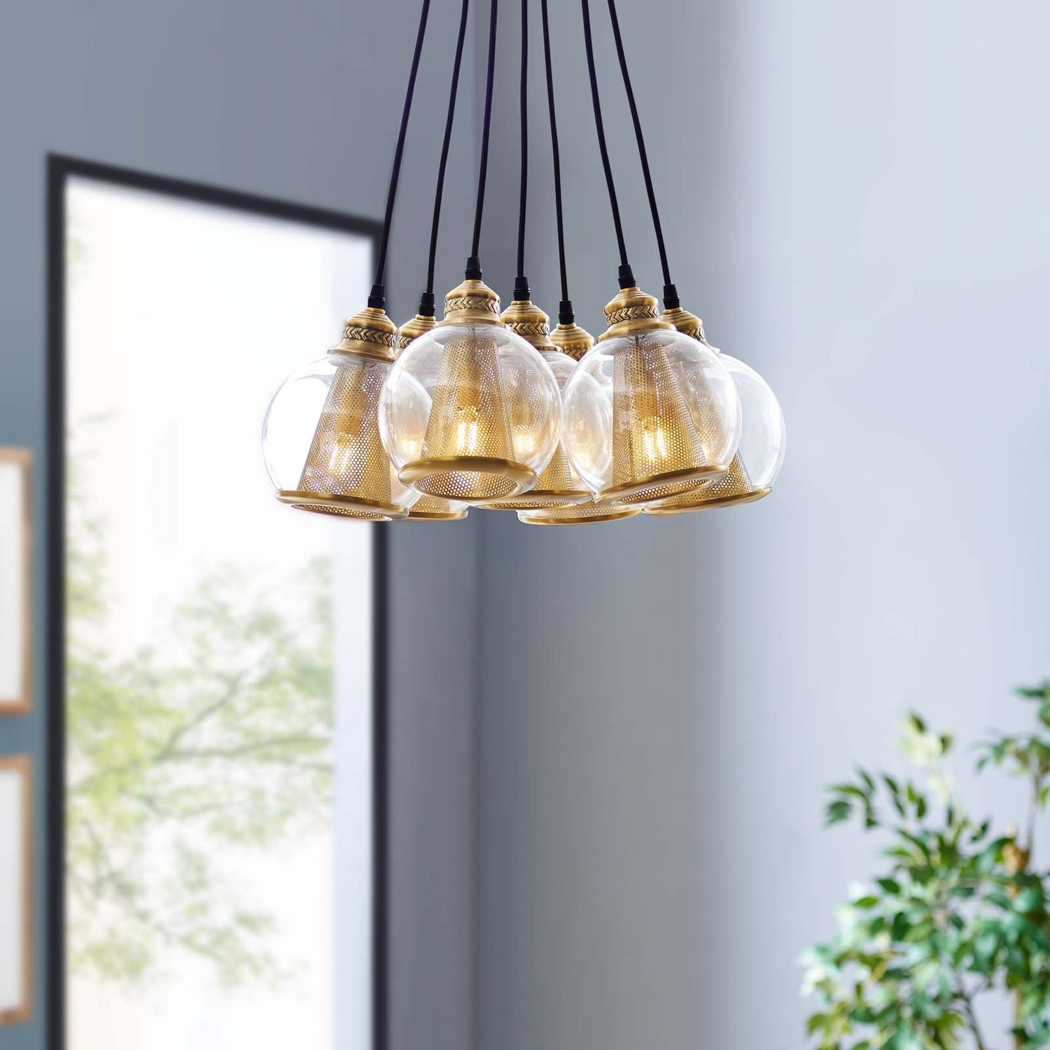 Peak Brass Cone and Glass Globe Cluster Pendant Chandelier By HouseBean