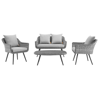 Endeavor 4 Piece Outdoor Patio Wicker Rattan Loveseat Armchair and Coffee Table Set By HouseBean