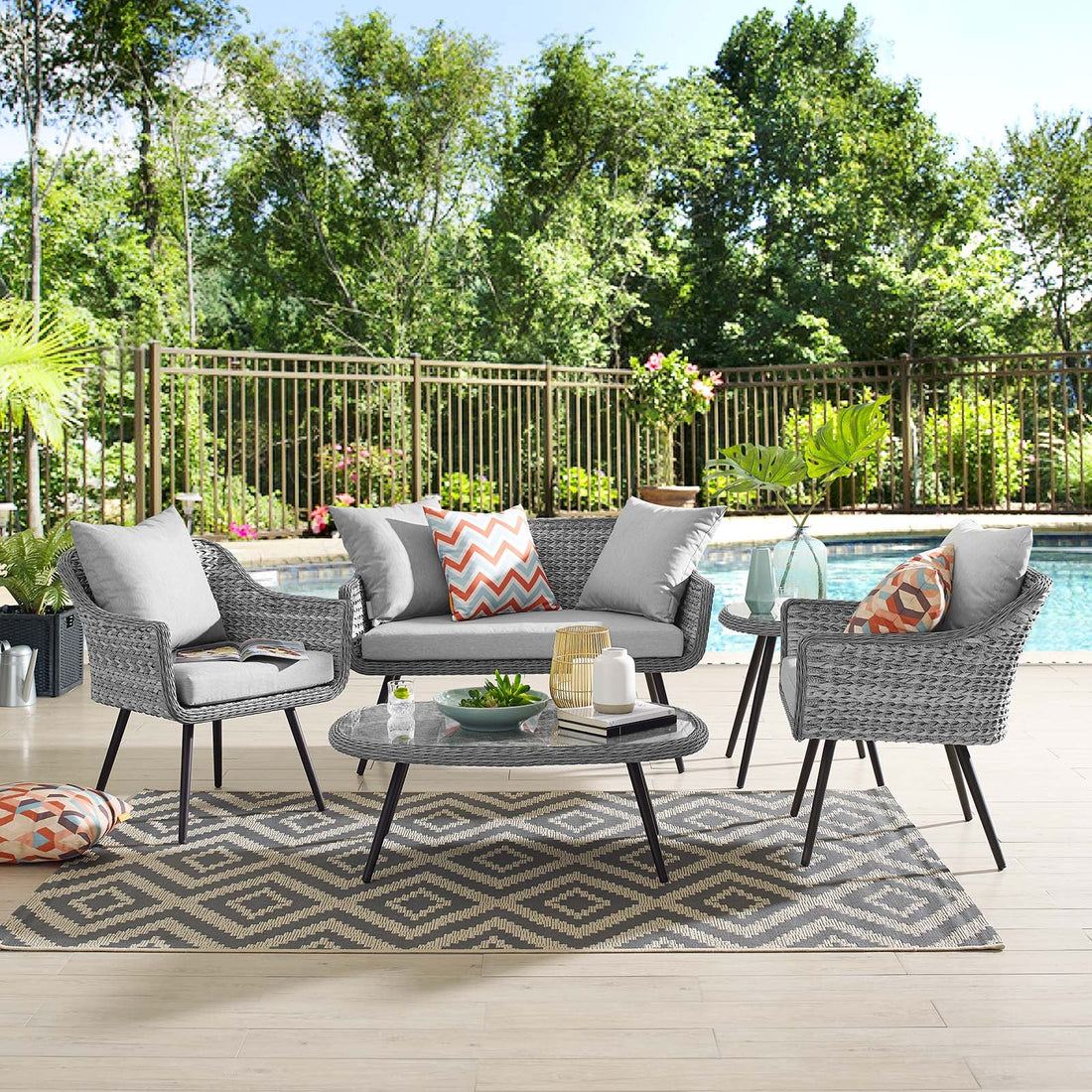 Endeavor 5 Piece Outdoor Patio Wicker Rattan Loveseat Armchair Coffee + Side Table Set By HouseBean