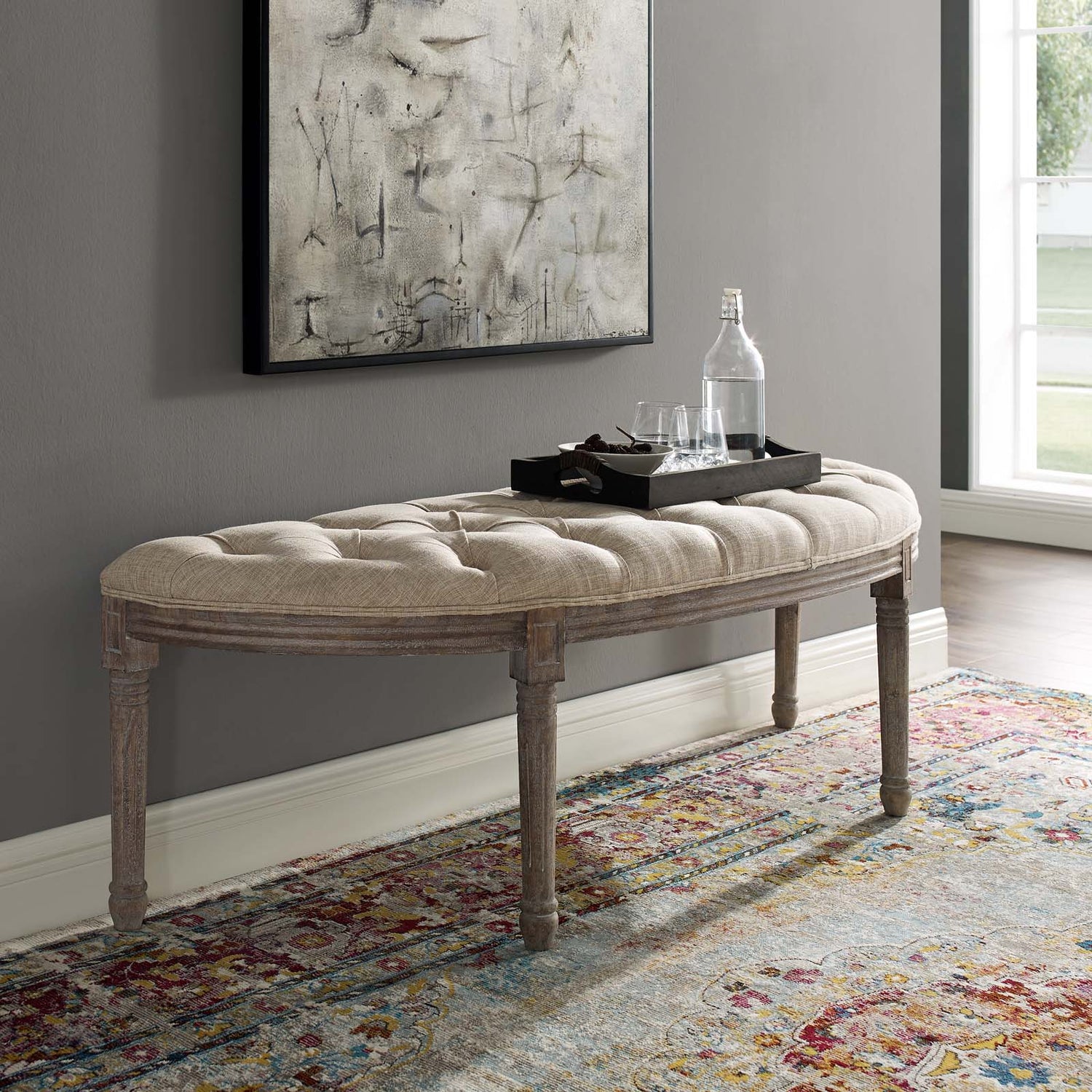 Esteem Vintage French Upholstered Fabric Semi-Circle Bench By HouseBean