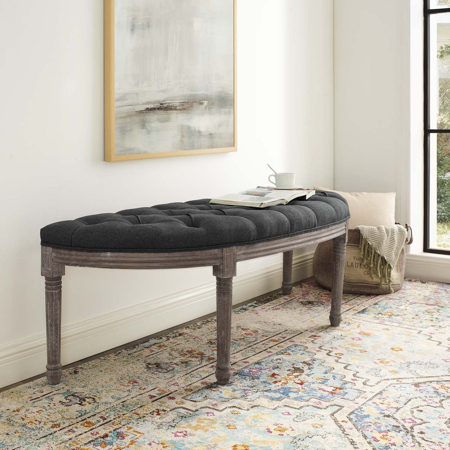 Esteem Vintage French Upholstered Fabric Semi-Circle Bench By HouseBean