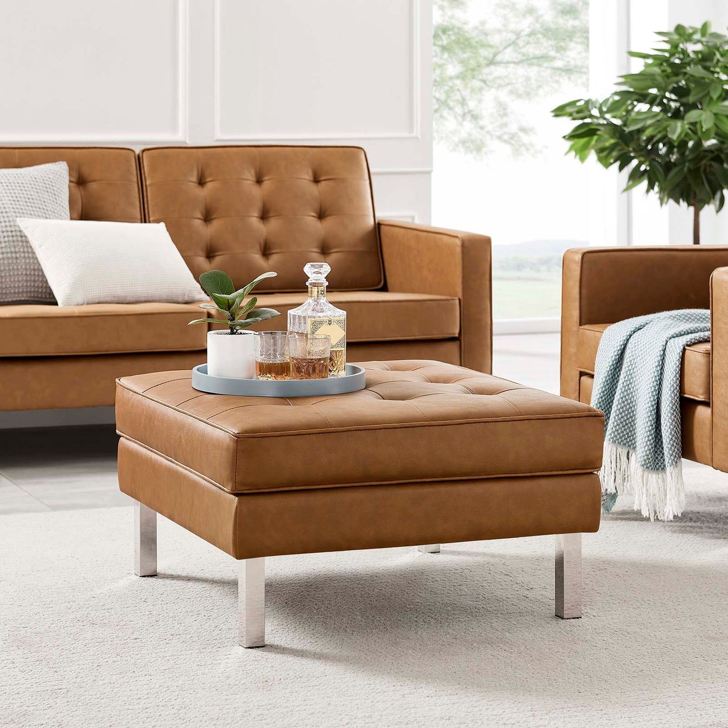 Loft Tufted Vegan Leather Ottoman By HouseBean