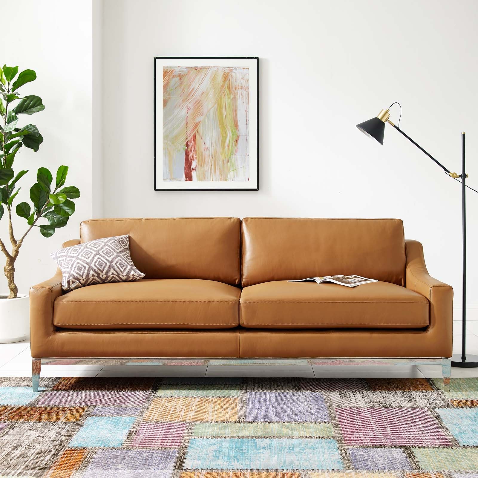 Harness 83.5&quot; Stainless Steel Base Leather Sofa By HouseBean