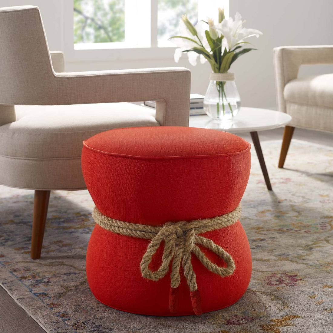 Beat Nautical Rope Upholstered Fabric Ottoman By HouseBean