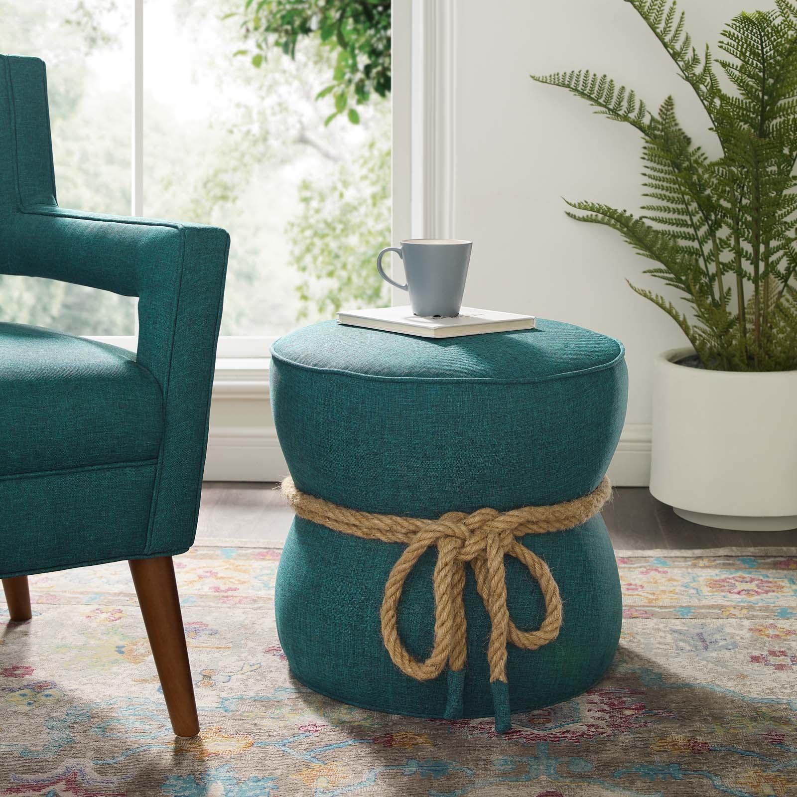 Beat Nautical Rope Upholstered Fabric Ottoman By HouseBean