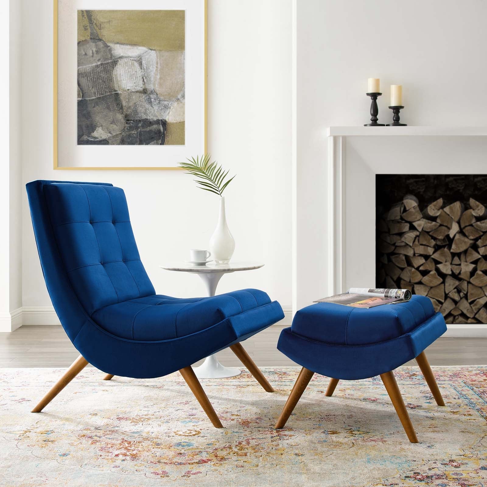 Ramp Upholstered Performance Velvet Lounge Chair and Ottoman Set By HouseBean