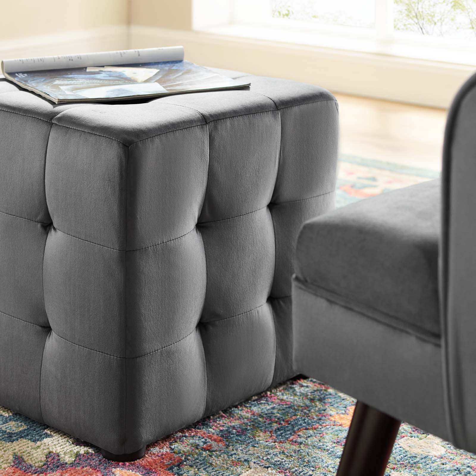 Contour Tufted Cube Performance Velvet Ottoman By HouseBean