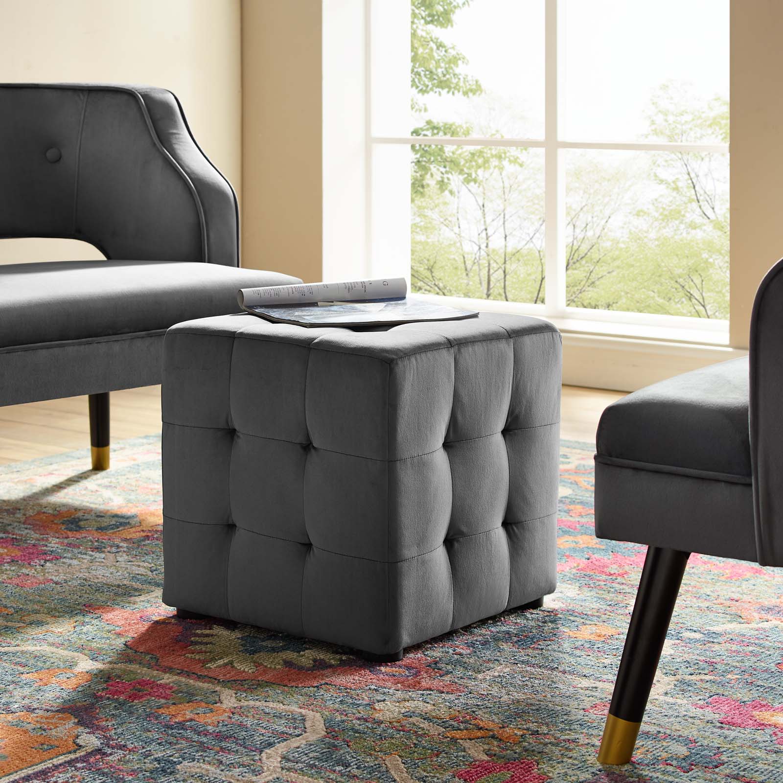 Contour Tufted Cube Performance Velvet Ottoman By HouseBean