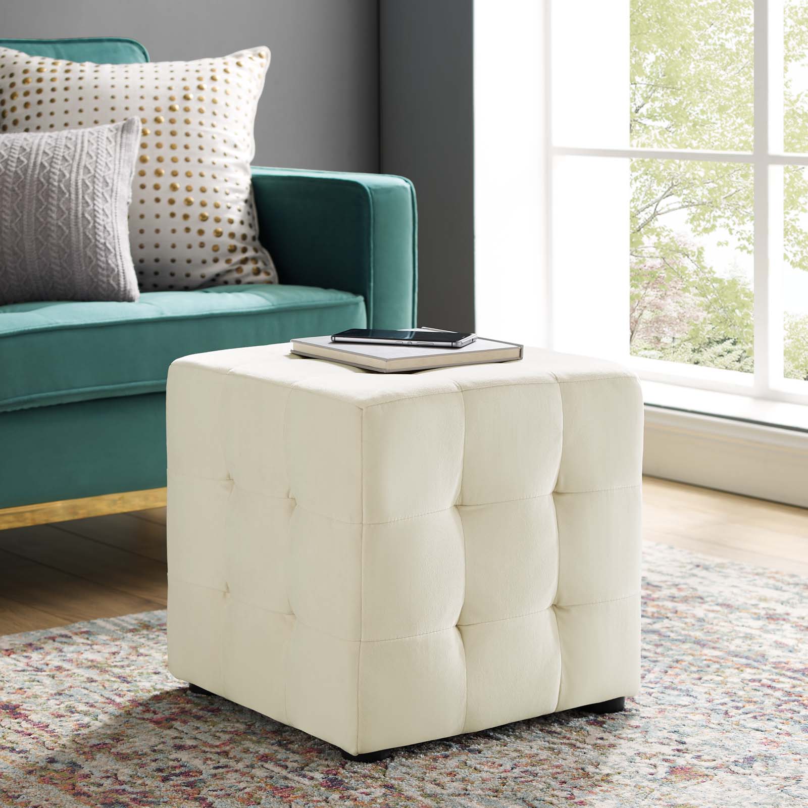 Contour Tufted Cube Performance Velvet Ottoman By HouseBean