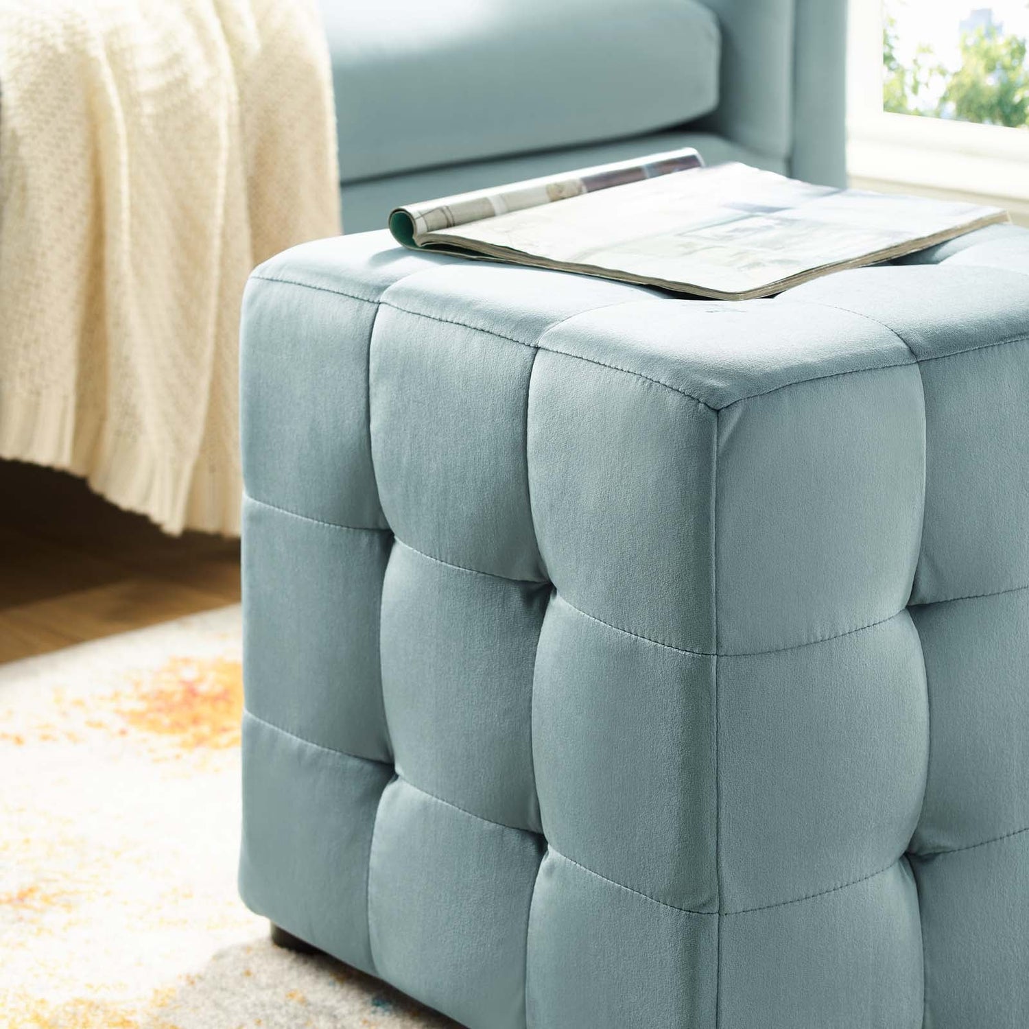 Contour Tufted Cube Performance Velvet Ottoman By HouseBean