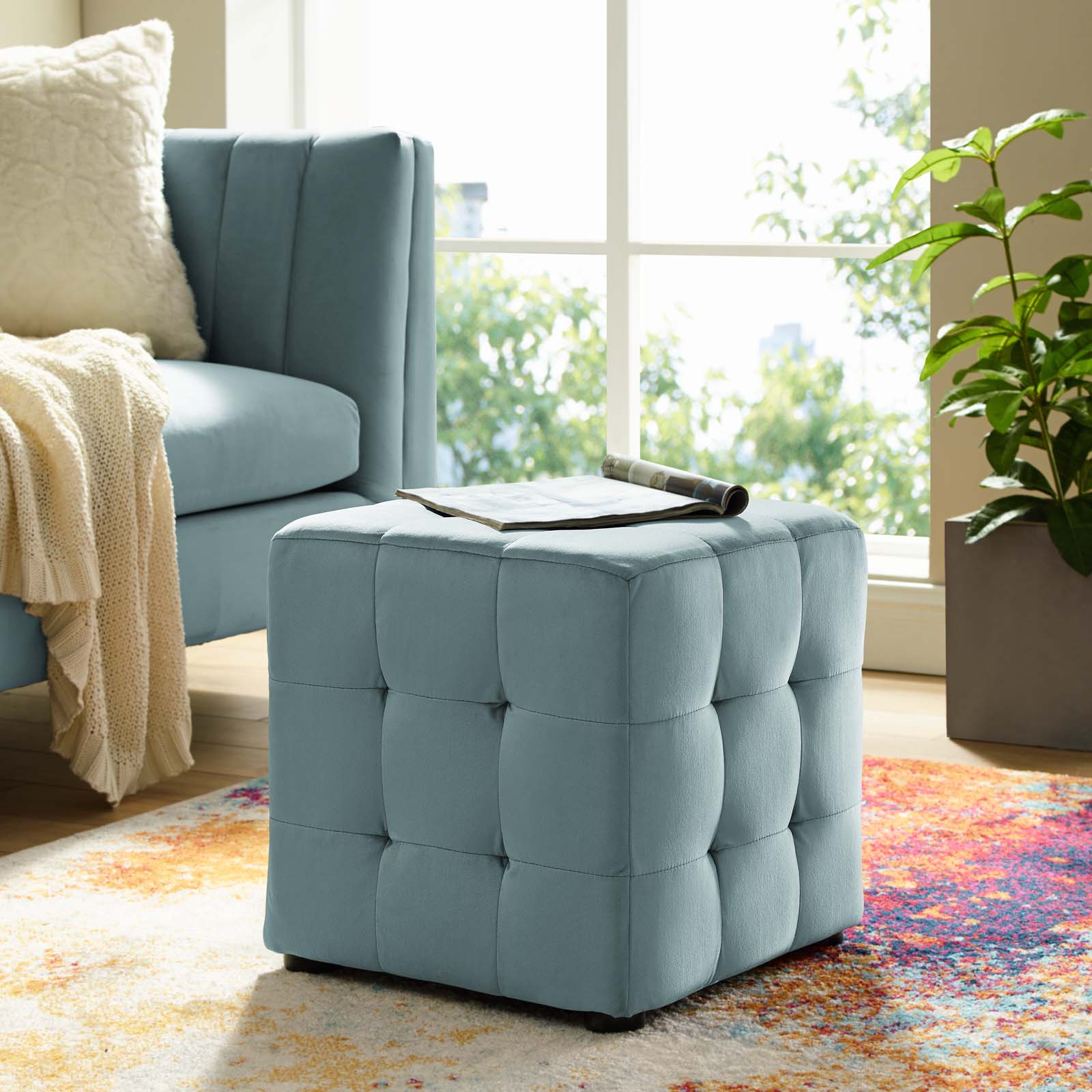 Contour Tufted Cube Performance Velvet Ottoman By HouseBean