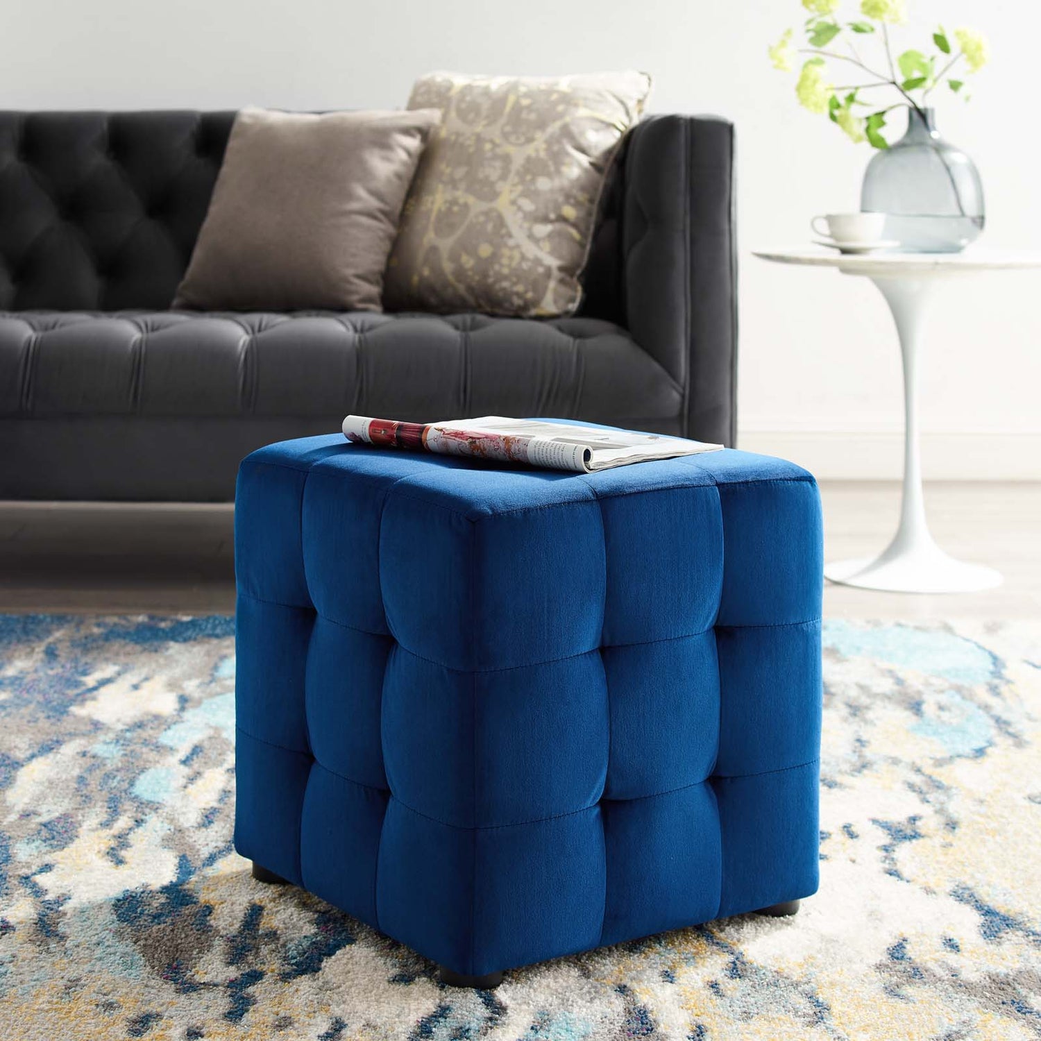 Contour Tufted Cube Performance Velvet Ottoman By HouseBean