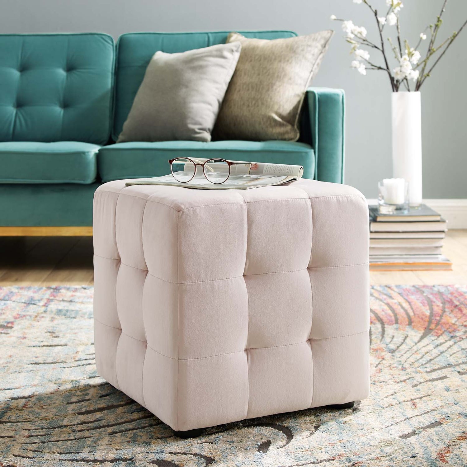 Contour Tufted Cube Performance Velvet Ottoman By HouseBean