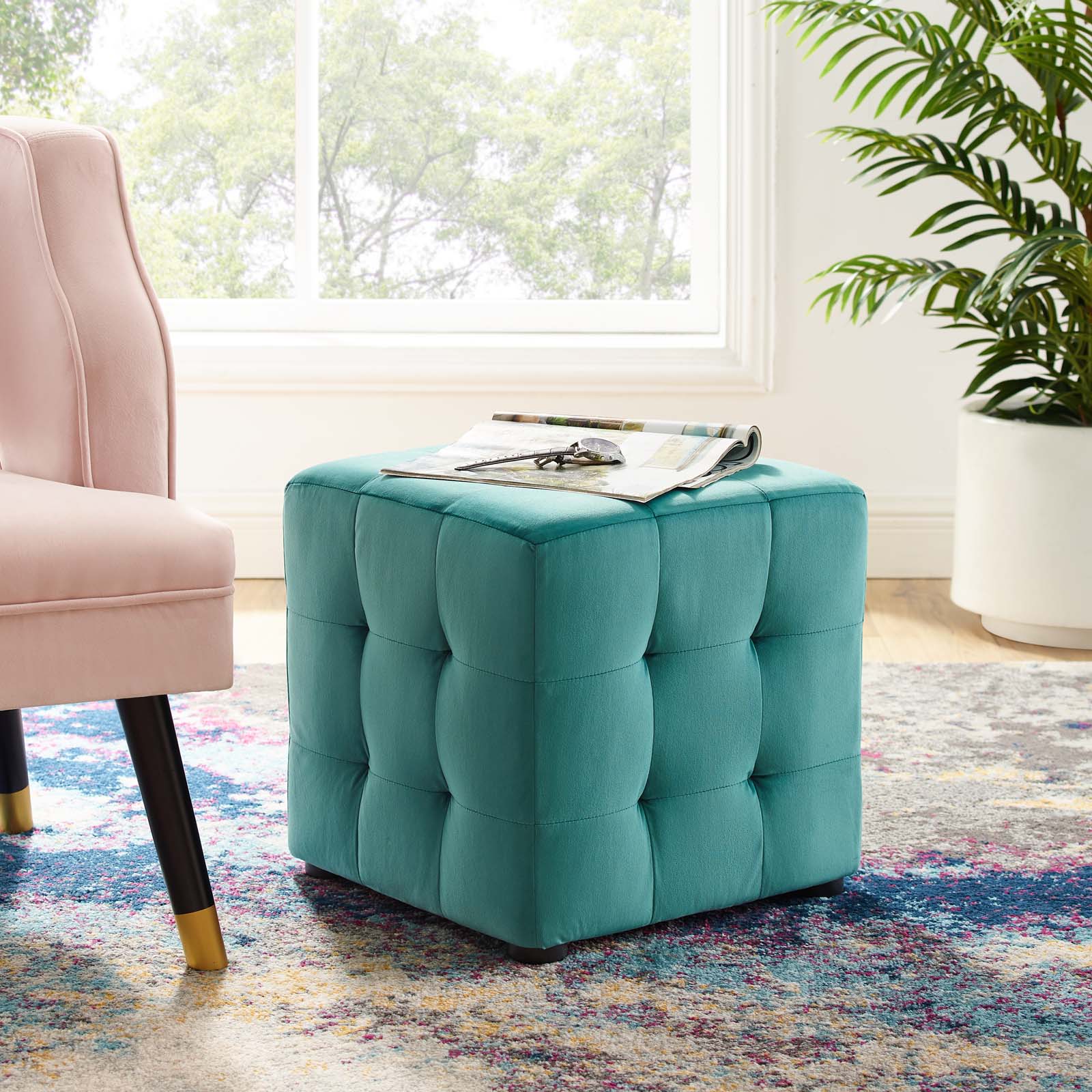 Contour Tufted Cube Performance Velvet Ottoman By HouseBean