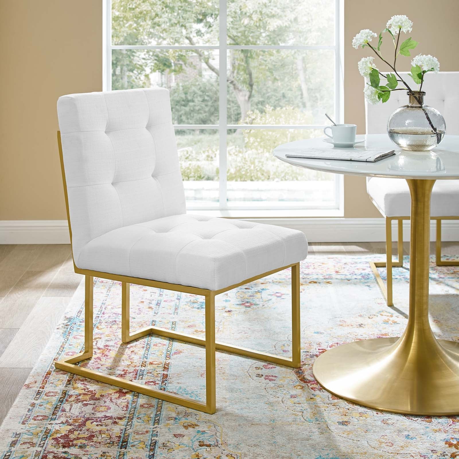 Privy Gold Stainless Steel Upholstered Fabric Dining Accent Chair By HouseBean