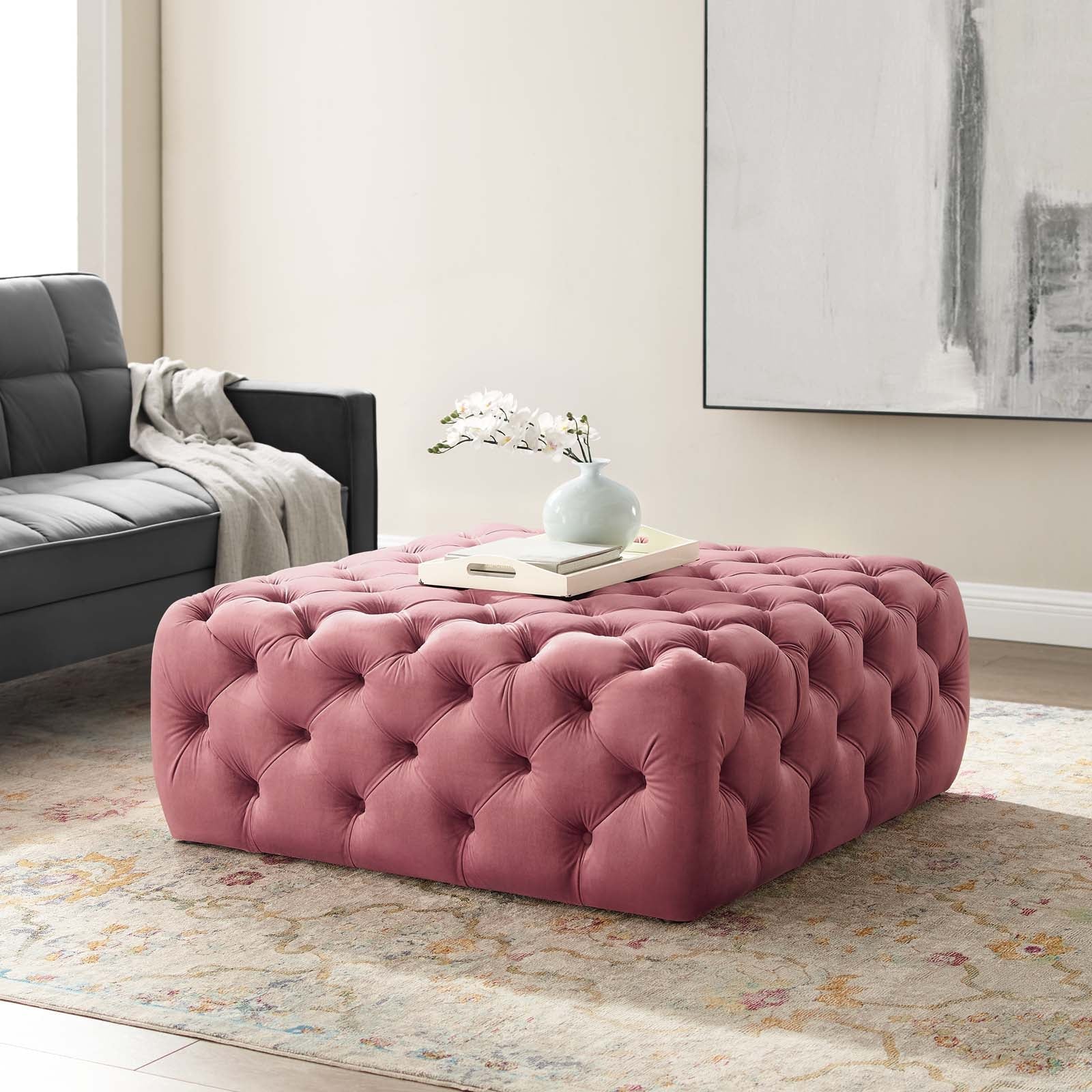 Amour Tufted Button Large Square Performance Velvet Ottoman By HouseBean