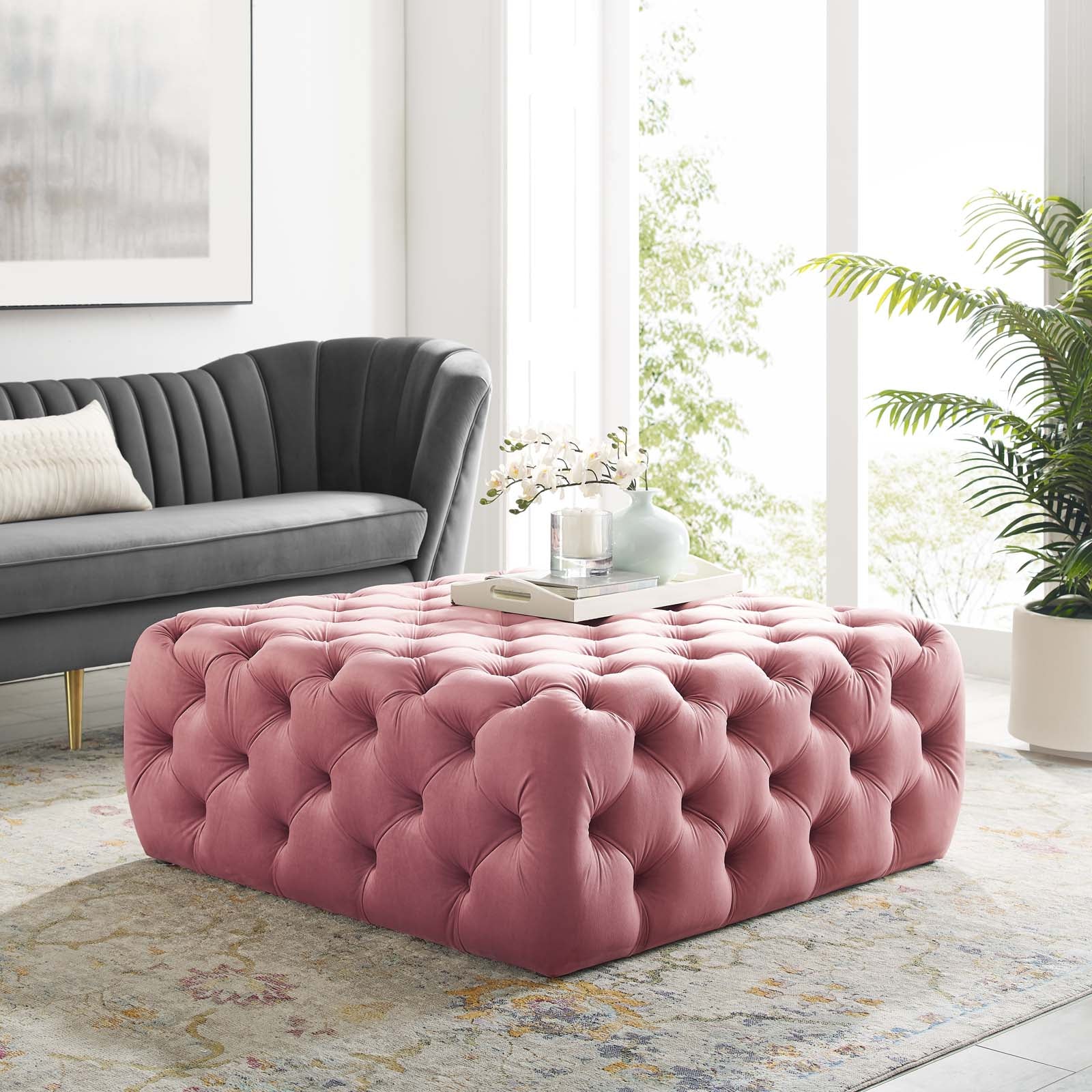 Amour Tufted Button Large Square Performance Velvet Ottoman By HouseBean