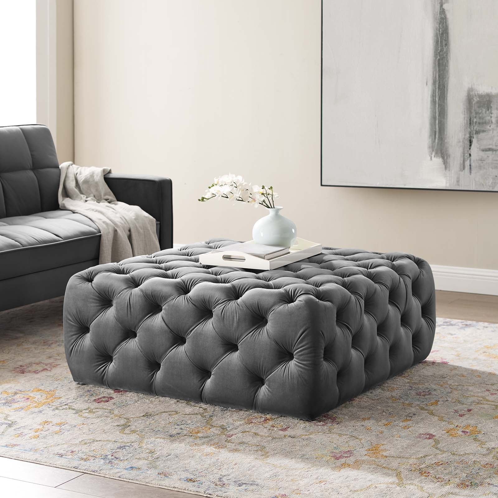 Amour Tufted Button Large Square Performance Velvet Ottoman By HouseBean