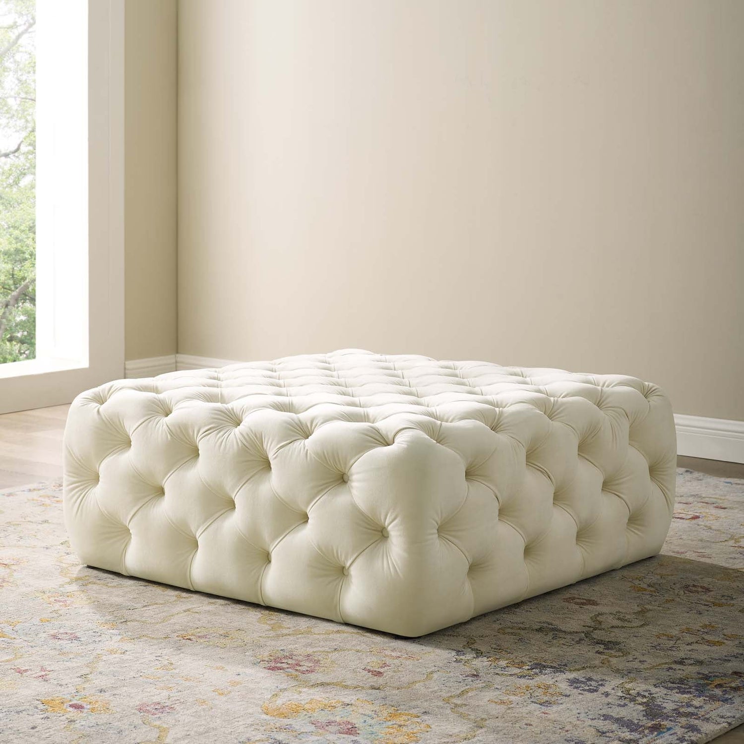 Amour Tufted Button Large Square Performance Velvet Ottoman By HouseBean