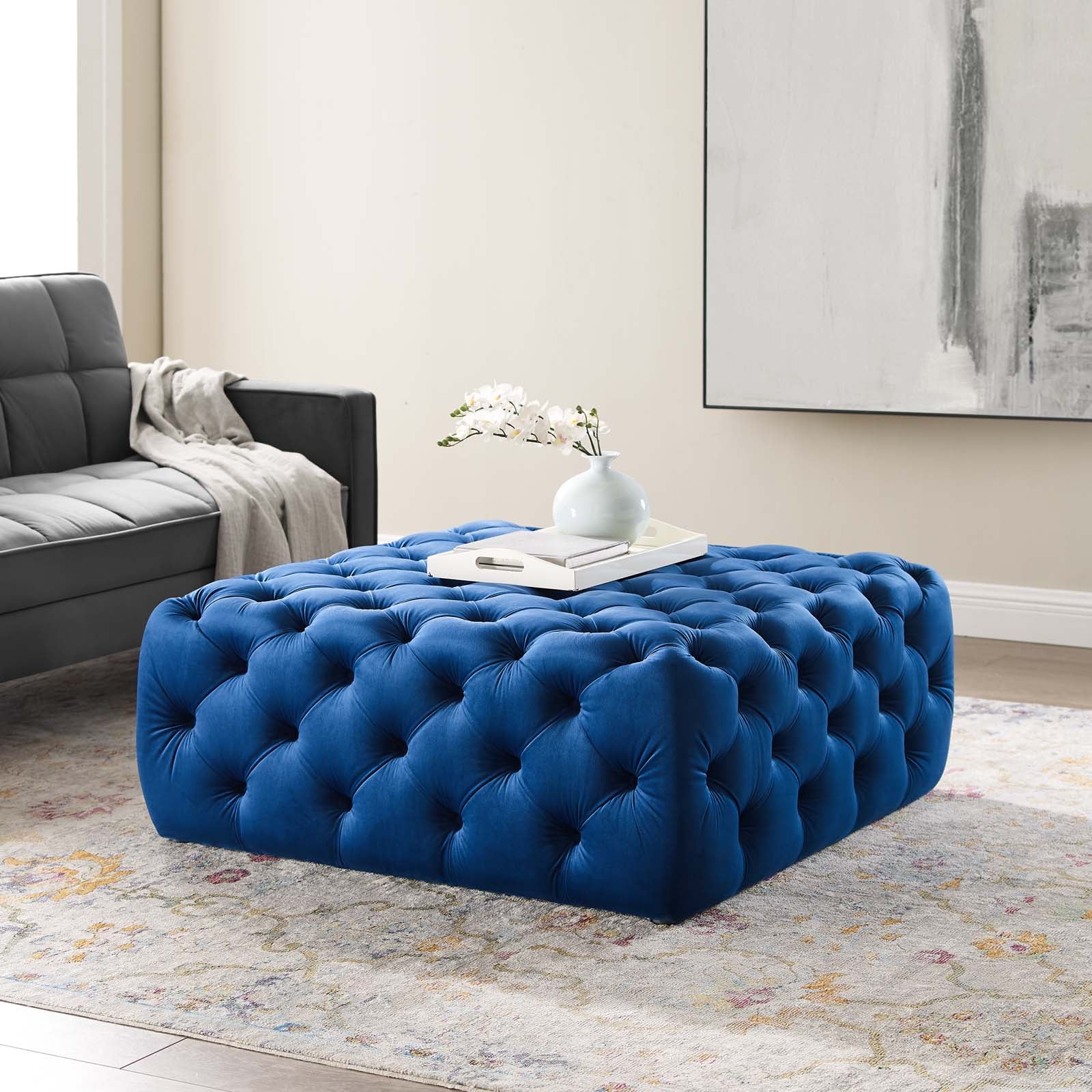 Amour Tufted Button Large Square Performance Velvet Ottoman By HouseBean