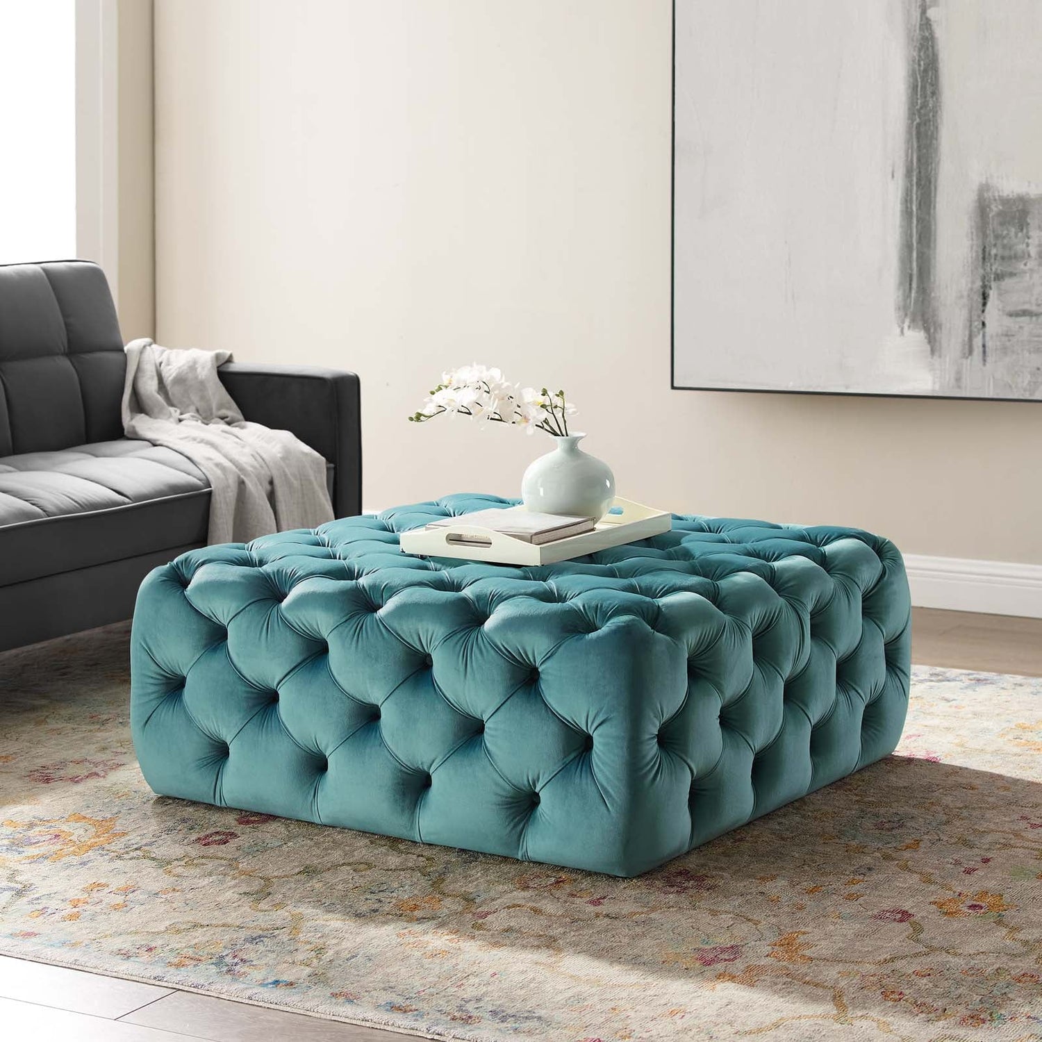 Amour Tufted Button Large Square Performance Velvet Ottoman By HouseBean