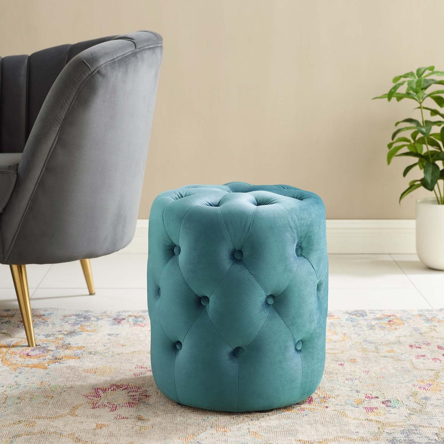 Amour Tufted Button Round Performance Velvet Ottoman By HouseBean