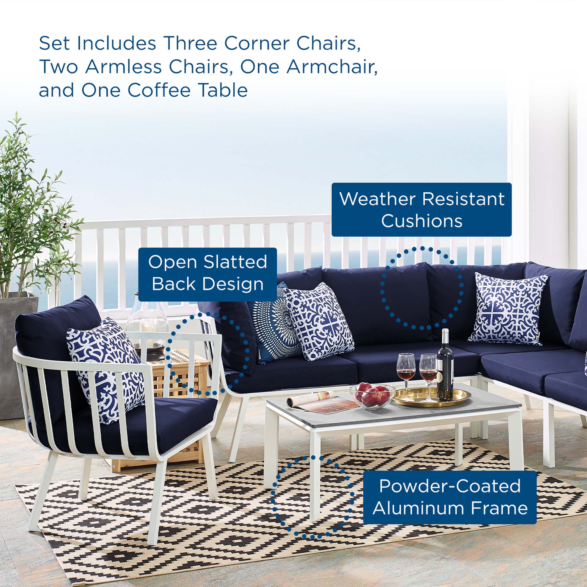 Riverside 7 Piece Outdoor Patio Aluminum Set by Modway