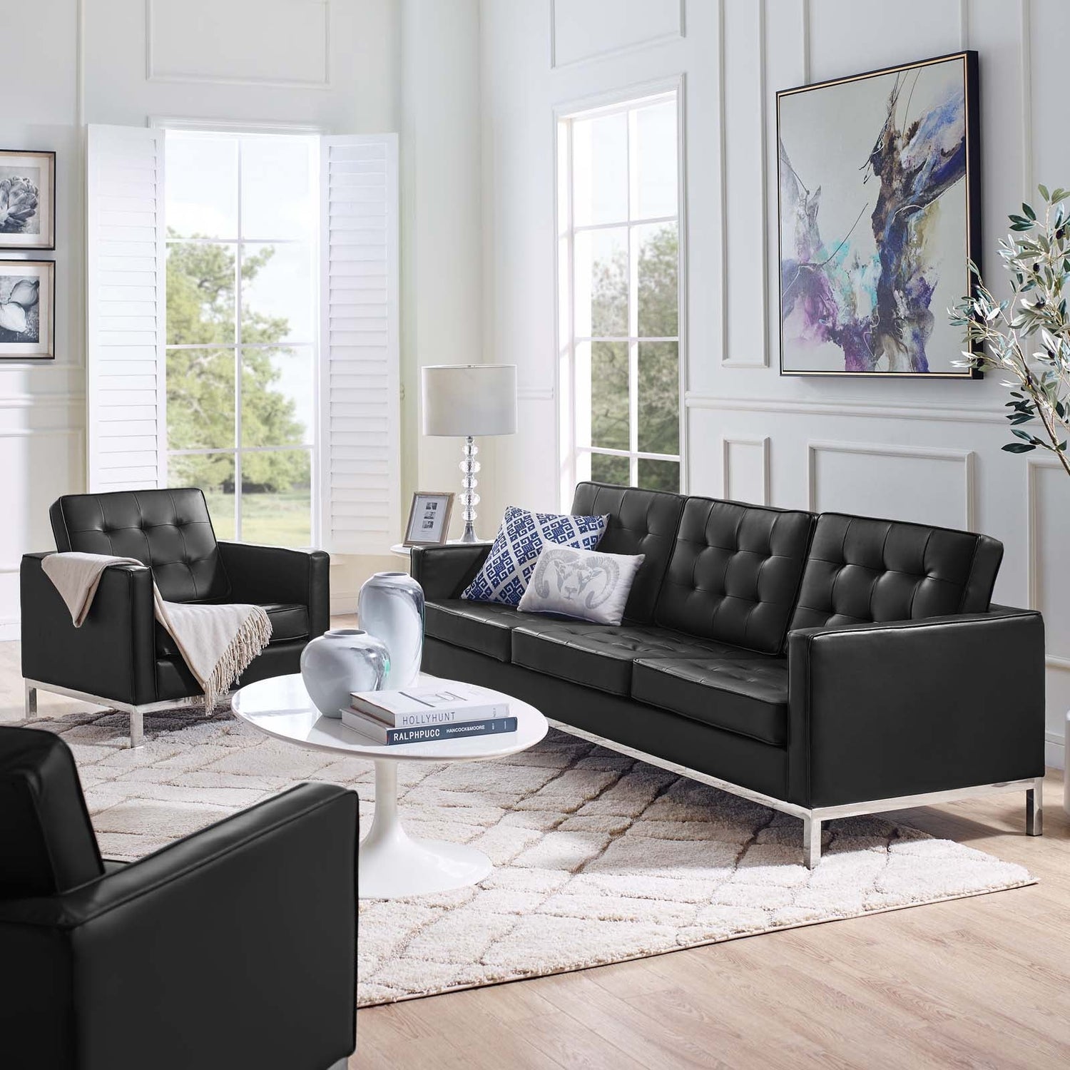 Loft Tufted Upholstered Faux Leather Sofa and Armchair Set By HouseBean