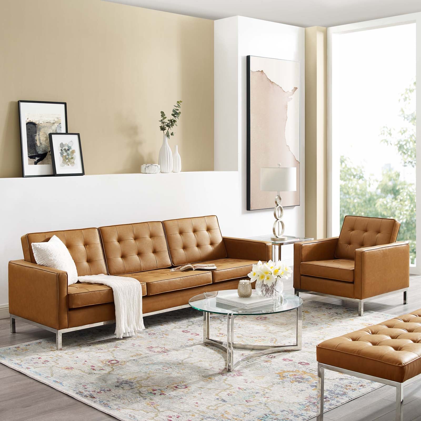 Loft Tufted Upholstered Faux Leather Sofa and Armchair Set By HouseBean