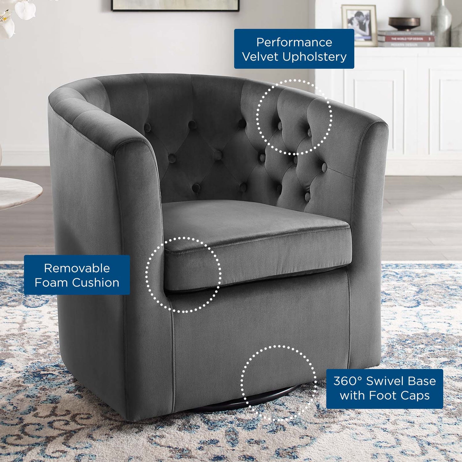 Prospect Tufted Performance Velvet Swivel Armchair By HouseBean