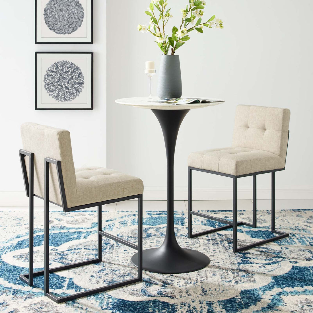 Privy Black Stainless Steel Upholstered Fabric Counter Stool Set of 2 by Modway