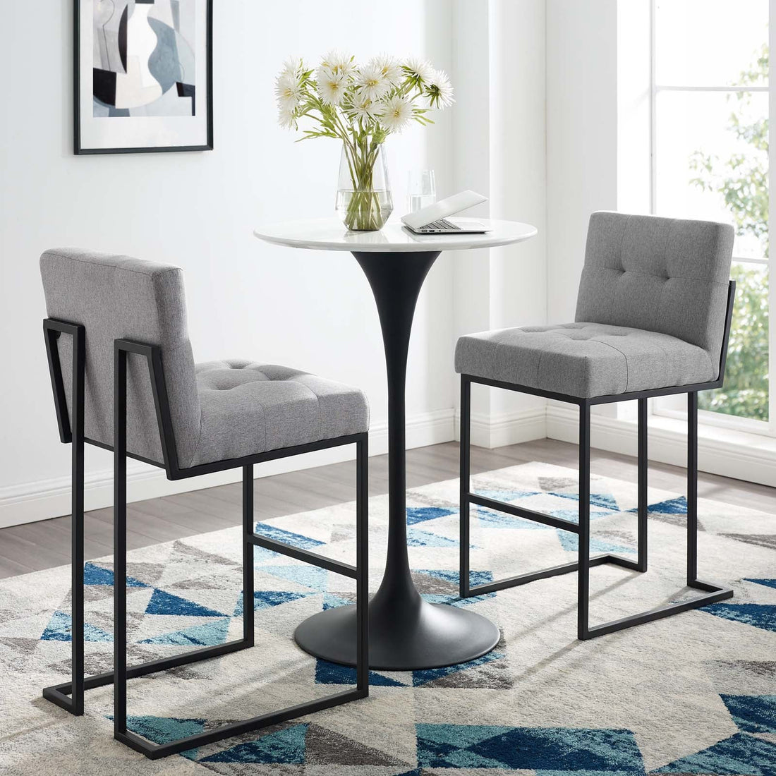 Privy Black Stainless Steel Upholstered Fabric Bar Stool Set of 2 by Modway